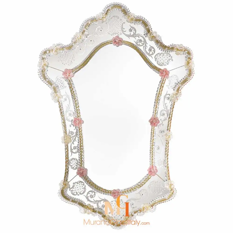 Wall Mirror: Decorative Layered Glass Frame with Blue Rosettes