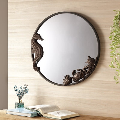 Wall Mirror Distressed Teal Seahorse Sculptural Frame Coastal Decor