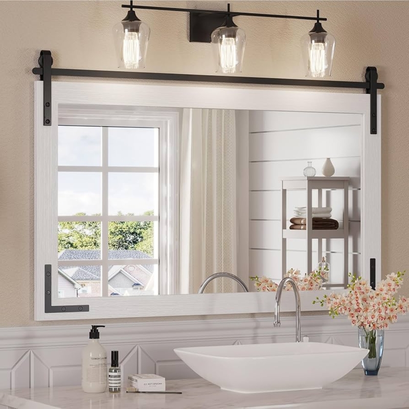 Wall Mirror Distressed Whitewashed Wood Cross Brace Design