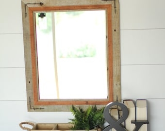 Wall Mirror Distressed Wood Frame with Metal Barbed Wire Accents