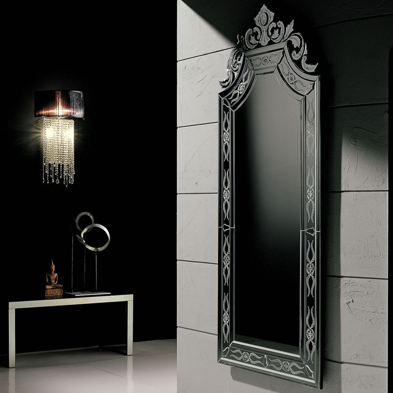 Wall Mirror: Dramatic Glam Black Glass Frame with Floral Etching