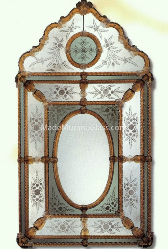 Wall Mirror: Elegant Murano Glass Arched Top with Scalloped Edges