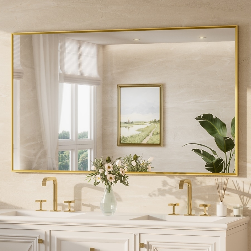 Wall Mirror Extra Wide Format Brushed Gold Slim Profile Double Vanity