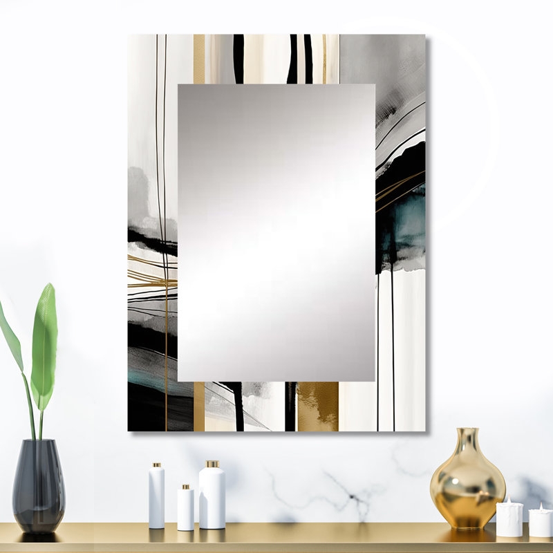 Wall Mirror features asymmetrical organic border and printed metal art.