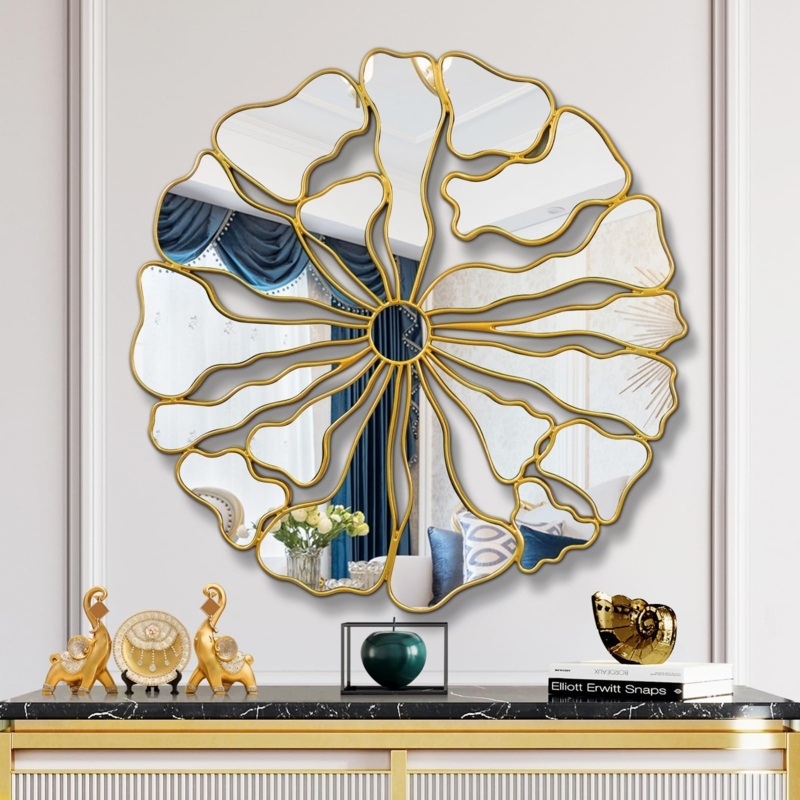 Wall Mirror Flower Shaped Frame Round Metallic Finish Sunburst Entryway