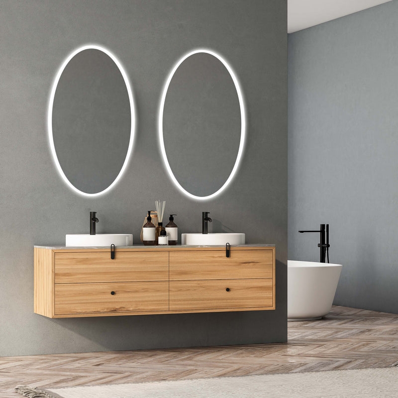 Wall Mirror Frameless Edge Oval Backlit LED Cool White Glow