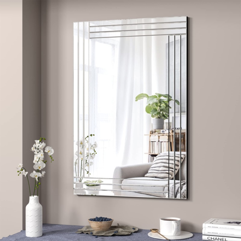 Wall Mirror Frameless Faceted Border Silver Glam Entryway Decor