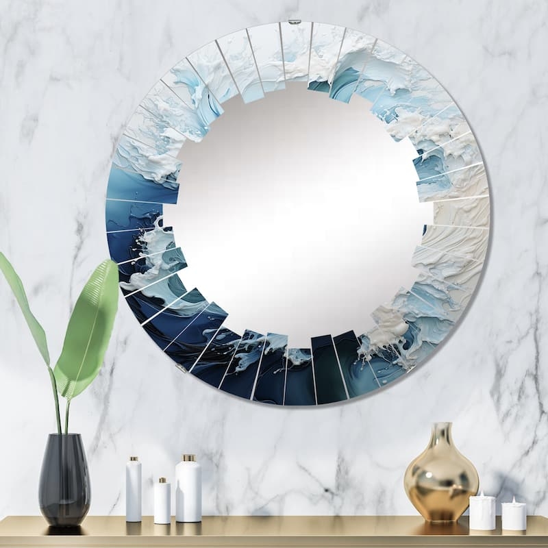 Wall Mirror: Frameless with Blue Coastal Wave Pattern on Glass