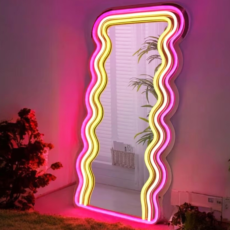 Wall Mirror Full Length Wavy Silhouette Rainbow LED Neon Glow
