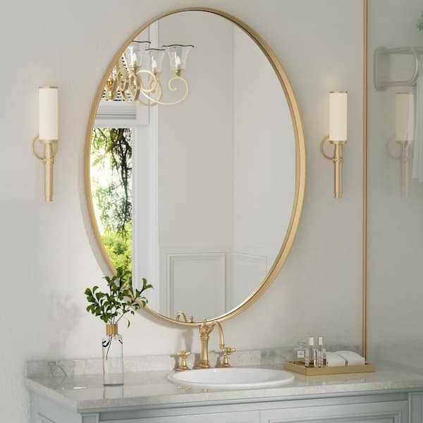 Wall Mirror Gold Metallic Finish Oval Thin Frame Vanity Decor