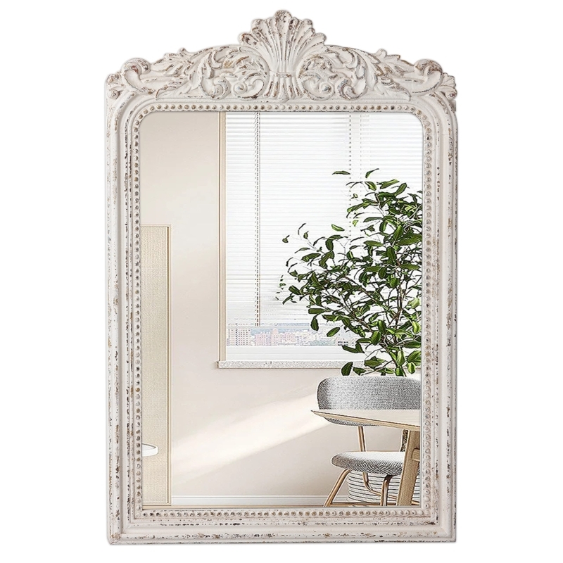 Wall Mirror Heavily Distressed Whitewashed Finish Ornate Crest Arched