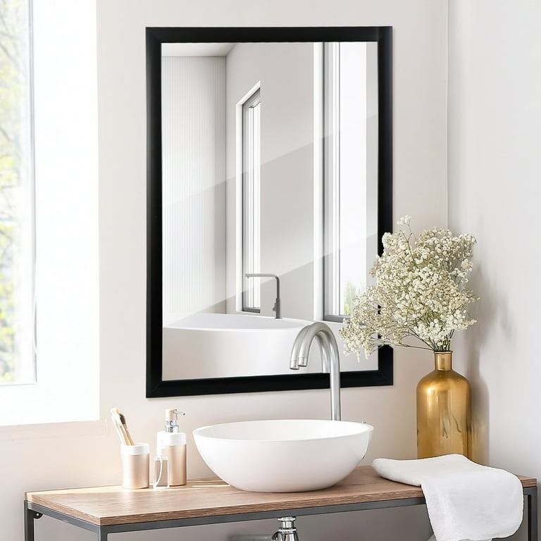 Wall Mirror Horizontal Slim Black Frame Matte Finish Entryway Decor