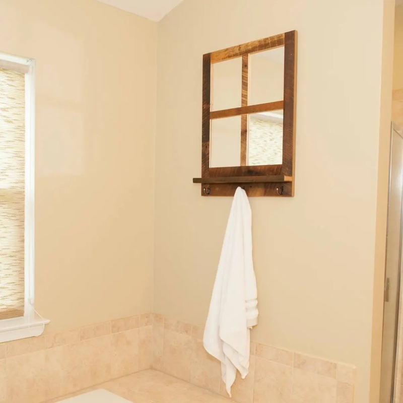 Wall Mirror Integrated Shelf Hooks Included Reclaimed Wood Window Pane