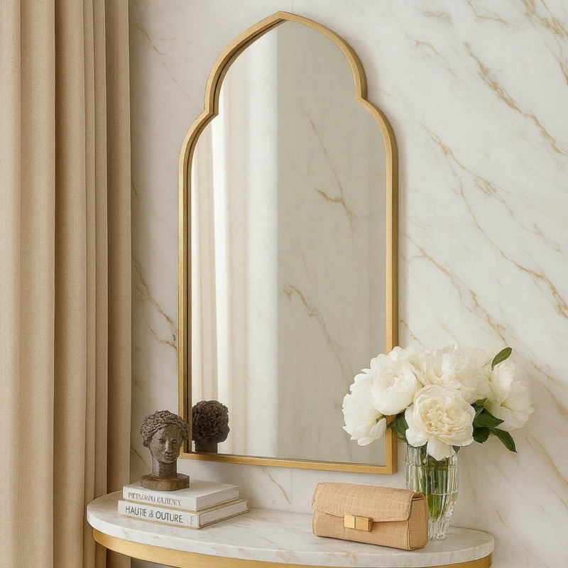 Wall Mirror Intricate Scrollwork Moroccan Style Arched Antique Gold