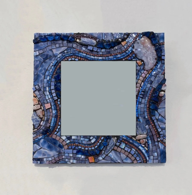 Wall Mirror: Iridescent Glass Tiles Beaded, Eclectic Handcrafted Decor.