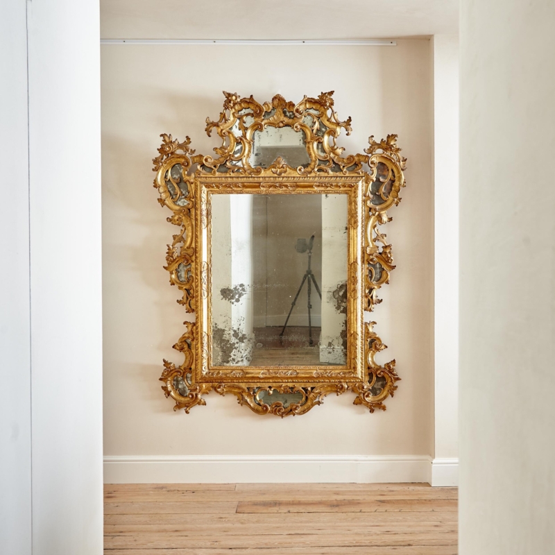 Wall Mirror: Large Baroque Giltwood Frame with Ornate Carvings