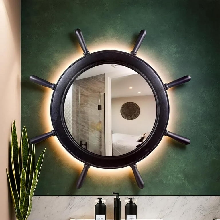Wall Mirror Large Black Ship Wheel Frame Eight Spokes Nautical