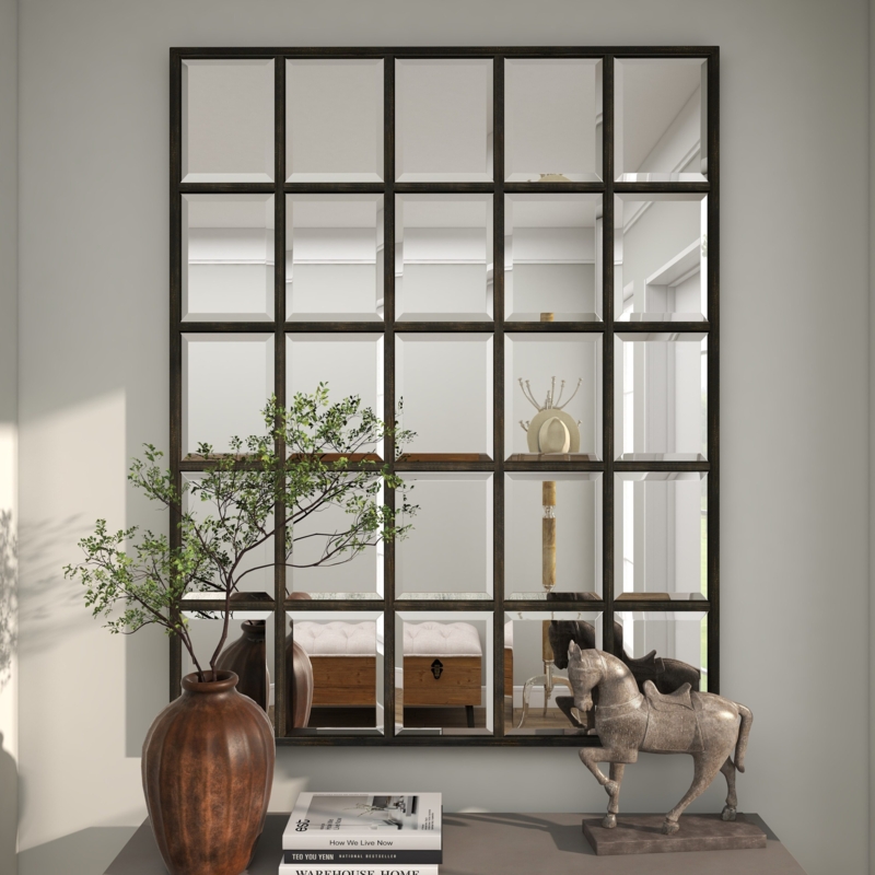 Wall Mirror Large Horizontal Format Window Pane Design Wood Toned