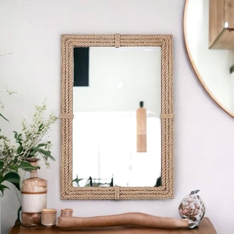 Wall Mirror: Large Rectangular with Thick Braided Natural Jute Frame