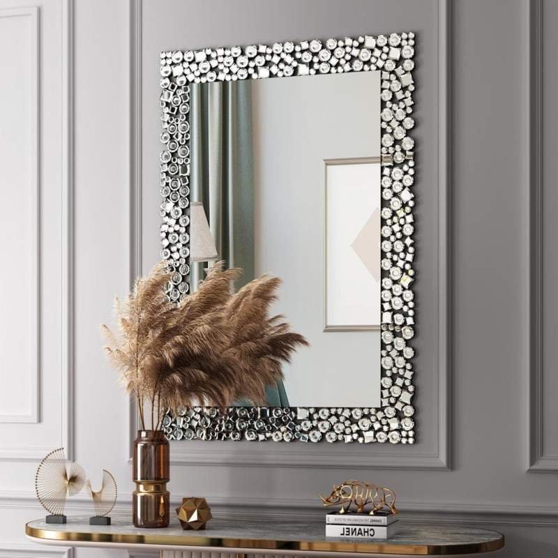 Wall Mirror Layered Segmented Frame Beveled Glass Silver Glam Accent