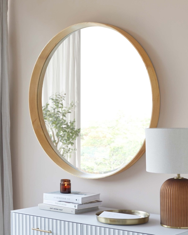 Wall Mirror Light Oak Finish Round Silhouette Scandi Living Room Decor