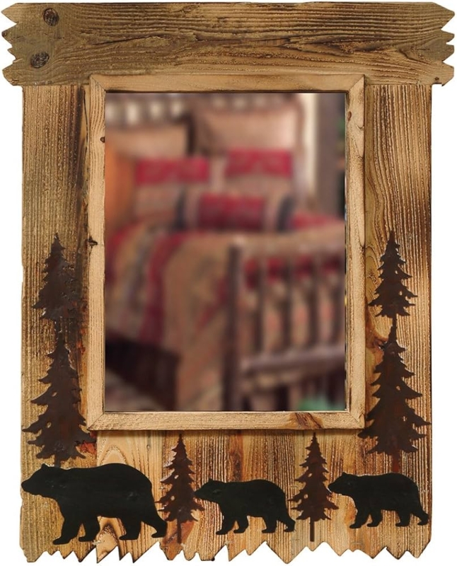Wall Mirror Log Style Frame with Metal Bear Silhouettes Cabin Decor