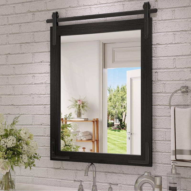 Wall Mirror Matte Black Deep Set Frame Wood Grain Texture