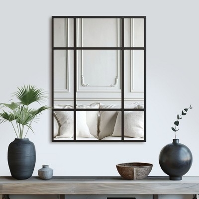Wall Mirror Matte Black Finish Windowpane Design Rectangular Grid
