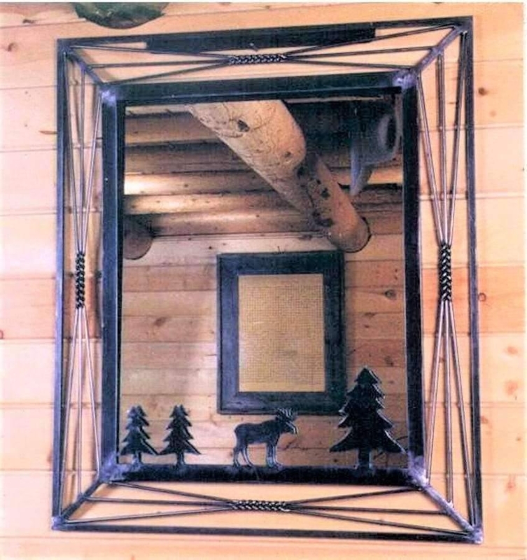 Wall Mirror Matte Black Metal Frame with Moose Silhouette and Pine Trees