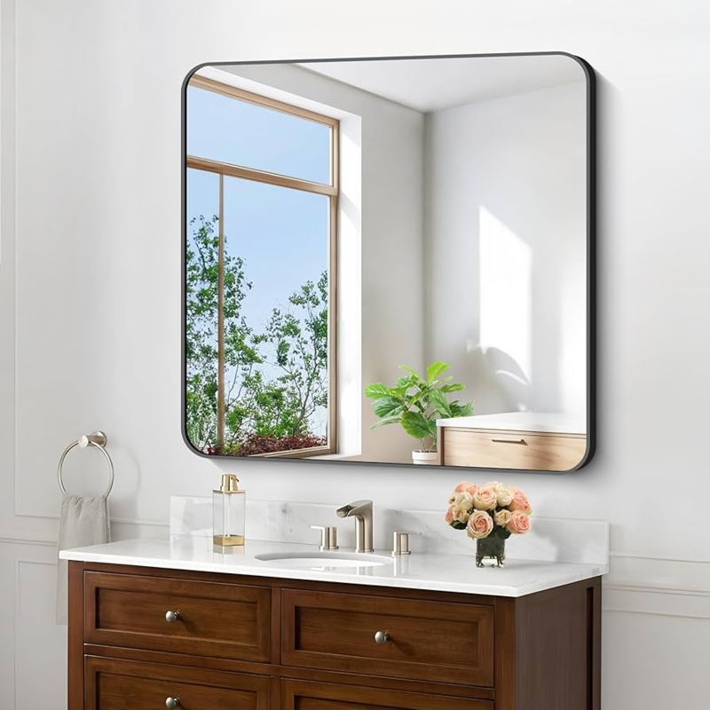 Wall Mirror Matte Black Rounded Corners Metal Frame