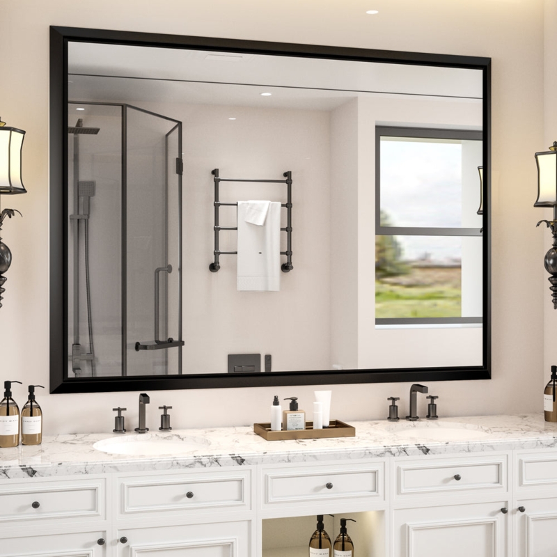 Wall Mirror Matte Black Slim Frame Beveled Glass Edge