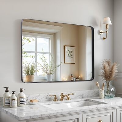 Wall Mirror Matte Black Thin Frame Rounded Corners Minimalist