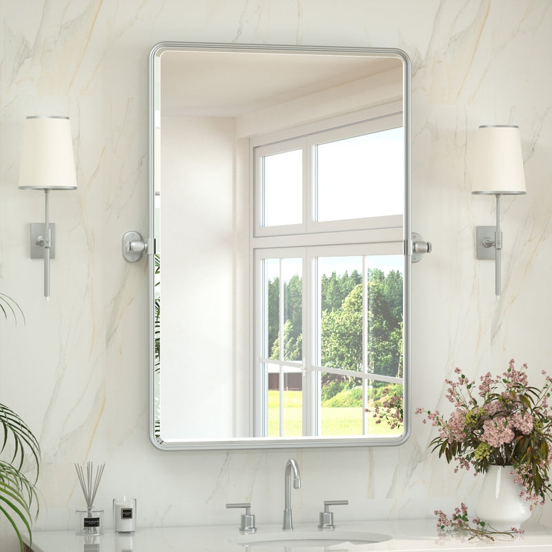 Wall Mirror Modern Farmhouse Matte Black Rounded Corners Pivot Hinge