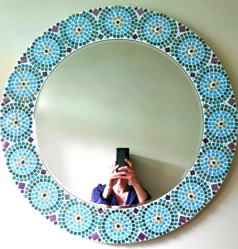 Wall Mirror: Monochromatic Mosaic Circle Frame, Contemporary Round Accent.