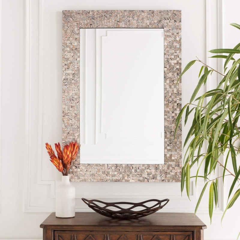 Wall Mirror Mother of Pearl Mosaic Frame Beveled Glass Coastal Gray