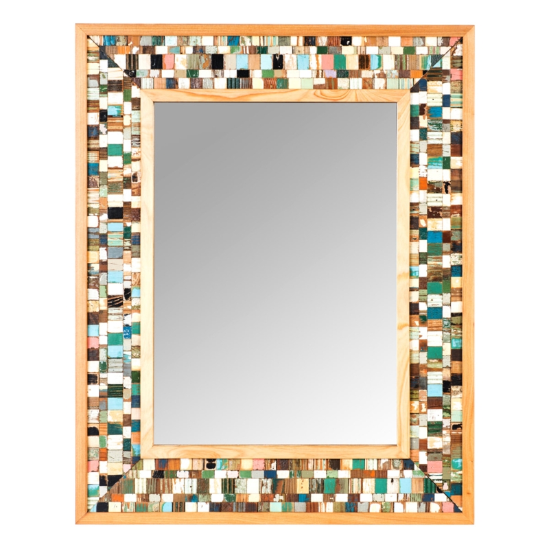 Wall Mirror: Multi Colored Wood Toned Blocks, Rustic Artistic Decor.