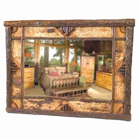 Wall Mirror Natural Hickory Branch Frame with Bark Texture Organic Lodge