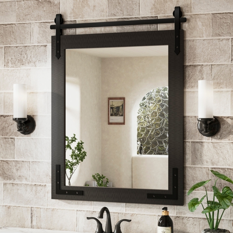 Wall Mirror Natural Wood Frame Black Barn Door Hardware