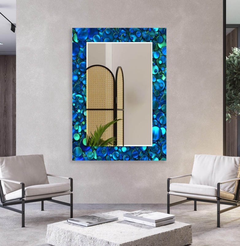Wall Mirror: Ocean Blue Mosaic Border, Rectangular Coastal Entryway Decor.