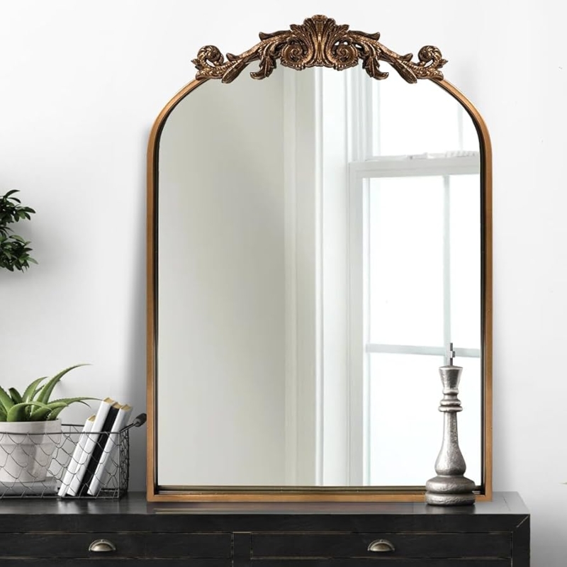 Wall Mirror Ornate Baroque Frame Arched Silhouette Antique Gold Decor