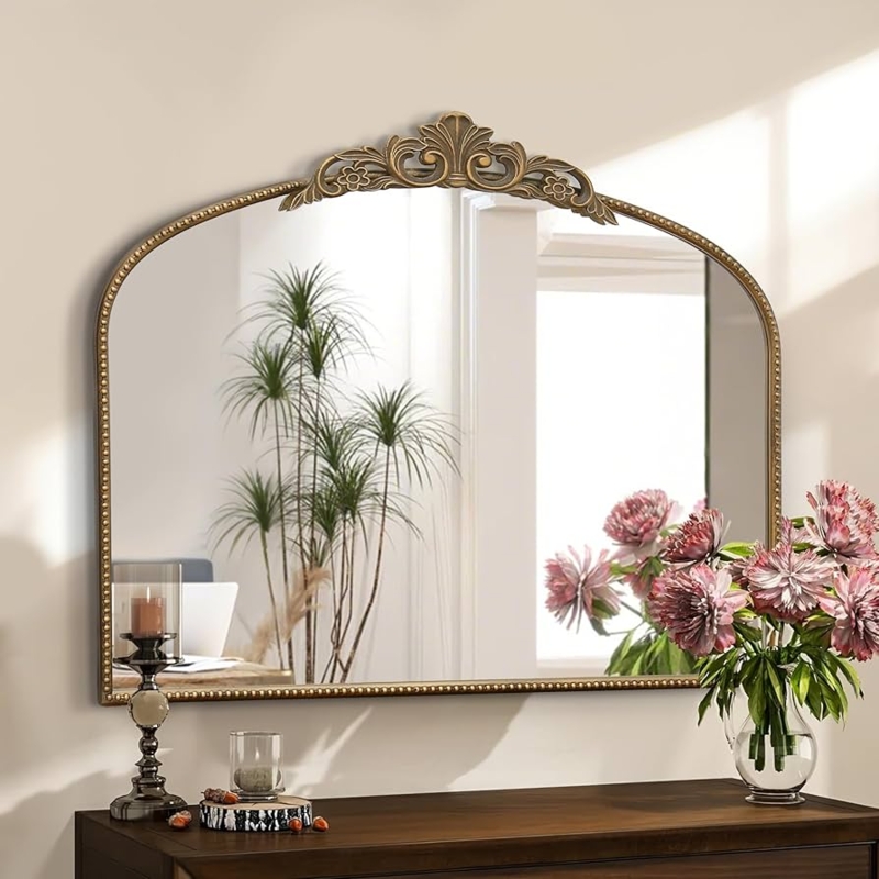 Wall Mirror Ornate Crest French Baroque Arched Silhouette Antique Gold