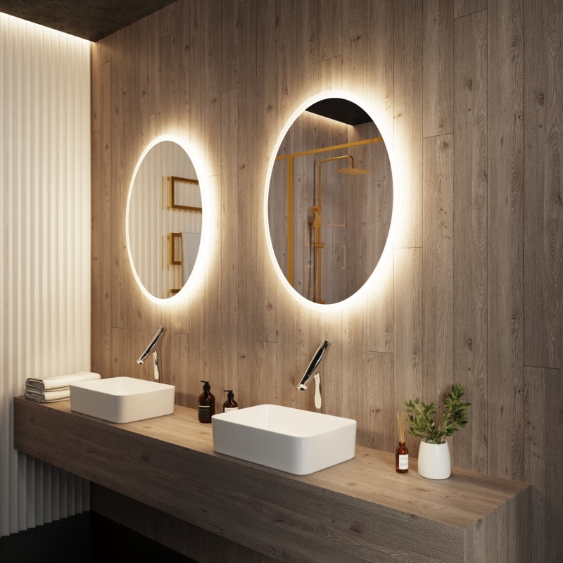 Wall Mirror Oval Backlit Design Warm Ambient Light