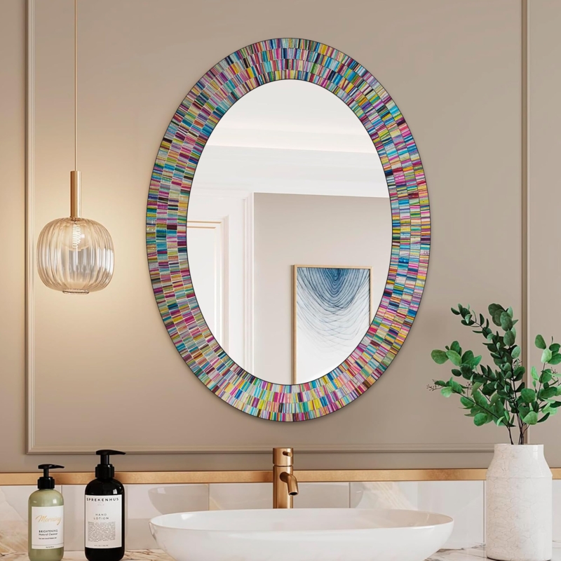 Wall Mirror Oval Rainbow Mosaic Frame Bohemian Decor