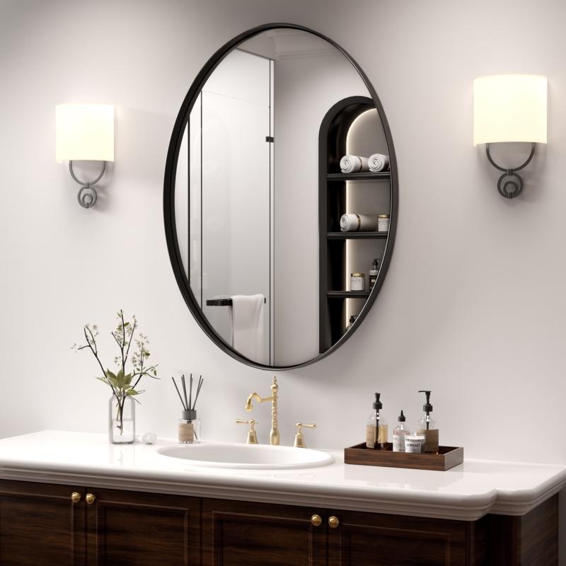Wall Mirror Oval Shape Black Metal on Wood Slat Accent Wall
