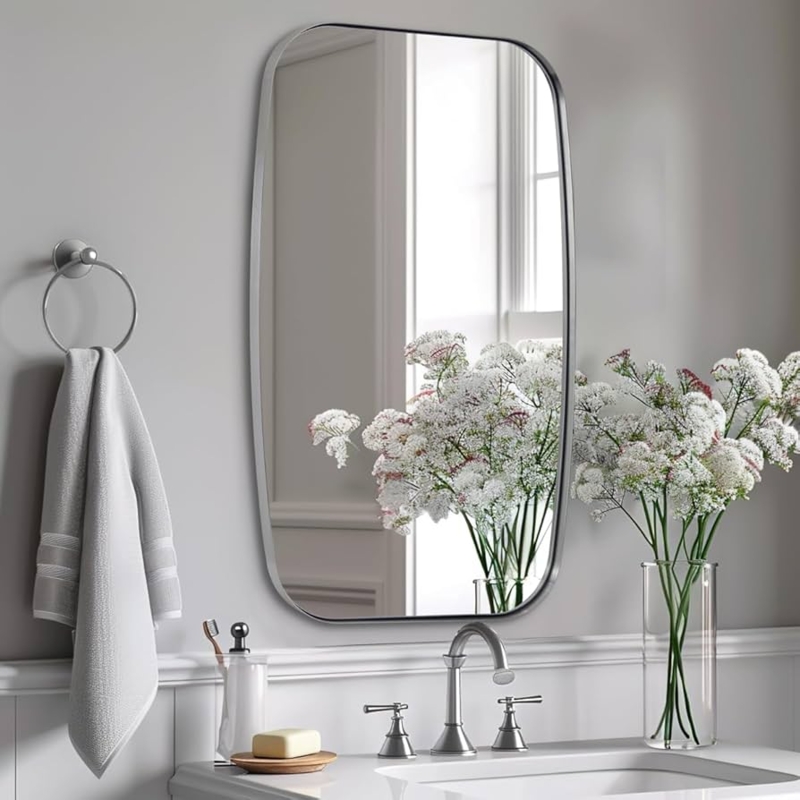 Wall Mirror Oval Shape, Deep Inset Frame, Brushed Nickel Finish