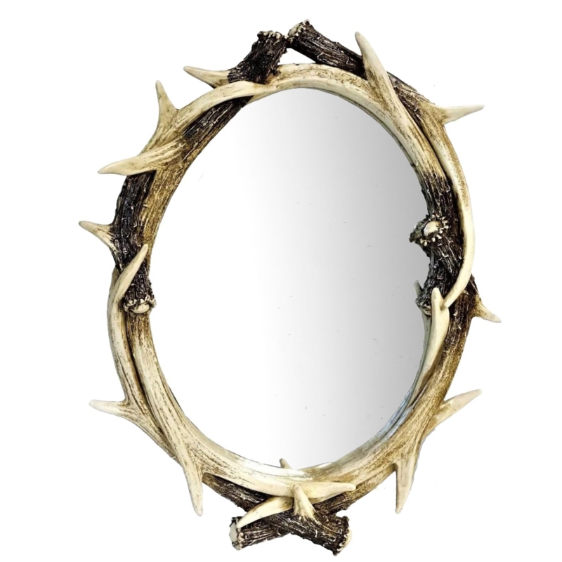 Wall Mirror Oval Silhouette Faux Antler Frame Bone Like Texture Lodge