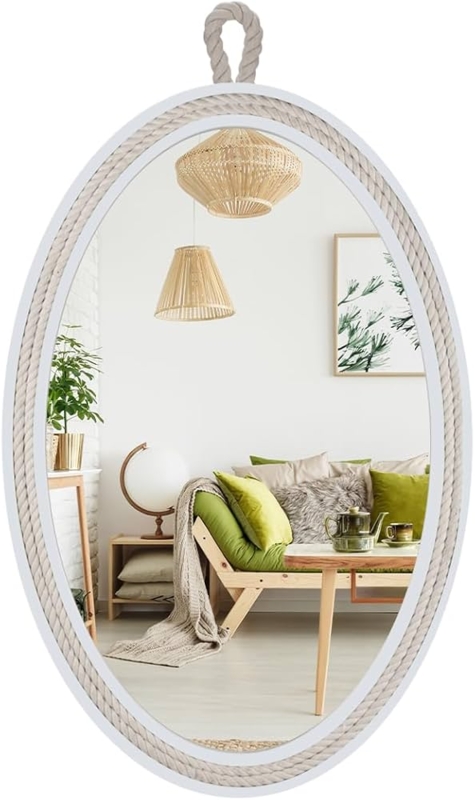 Wall Mirror Oval White Woven Rope Frame Beach House Decor