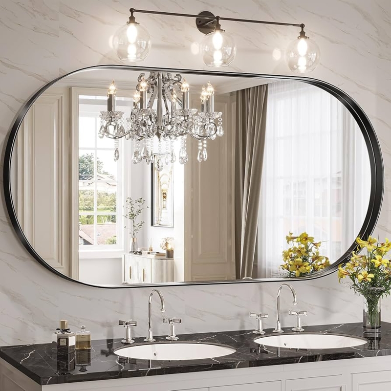 Wall Mirror Oversized Oval Form Ultra Slim Black Frame