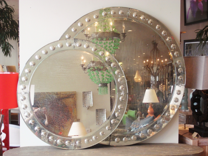 Wall Mirror: Oversized Round Antiqued Mercury Glass with Bubble Frame