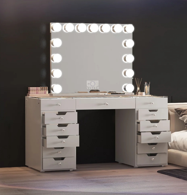 Wall Mirror: Oversized Round Mirror Styling Above Six Drawer Dresser